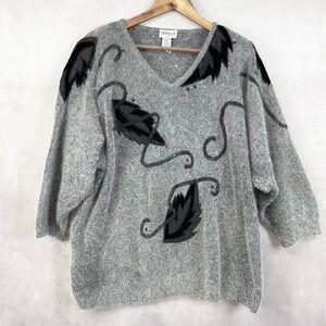 Vintage 80s Erika II Womens Sweater 2X Angora Silk Applique Art Deco Cottagegoth